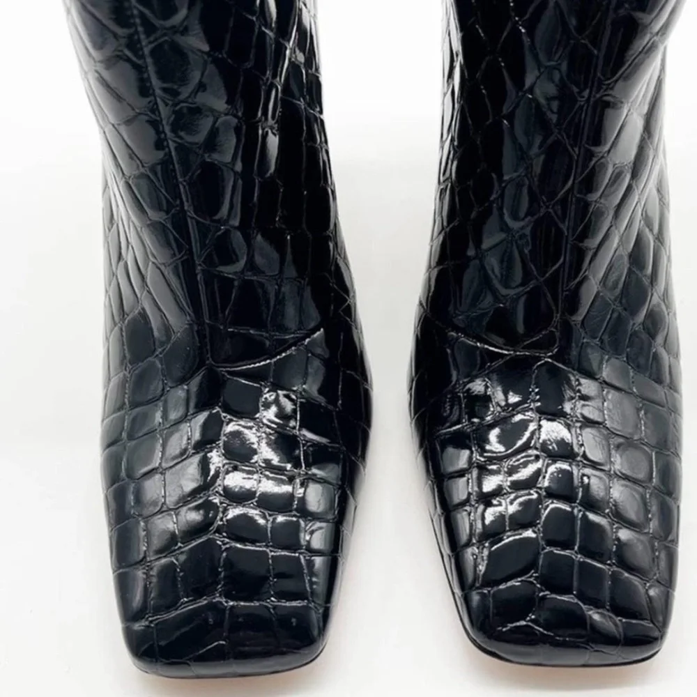 NIB Good American Black Patent Croc Leather Boots Square Toe Ankle Booties Sz 9